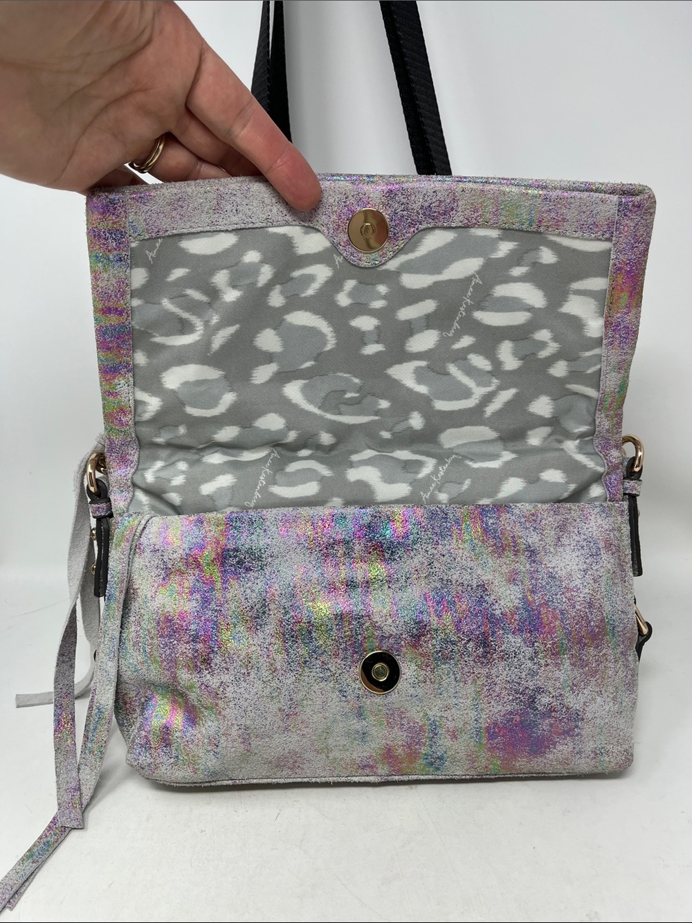 AIMEE KESTENBERG SUEDE LEATHER NUBUCK IRIDESCENT FOLDOVER CROSSBODY BAG GOLD - Picture 4 of 16